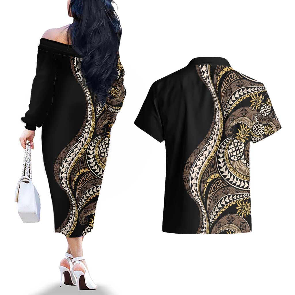 Hawaii Pineapple Brown Tribal Pattern Couples Matching Off The Shoulder Long Sleeve Dress and Hawaiian Shirt - Polynesian Pride