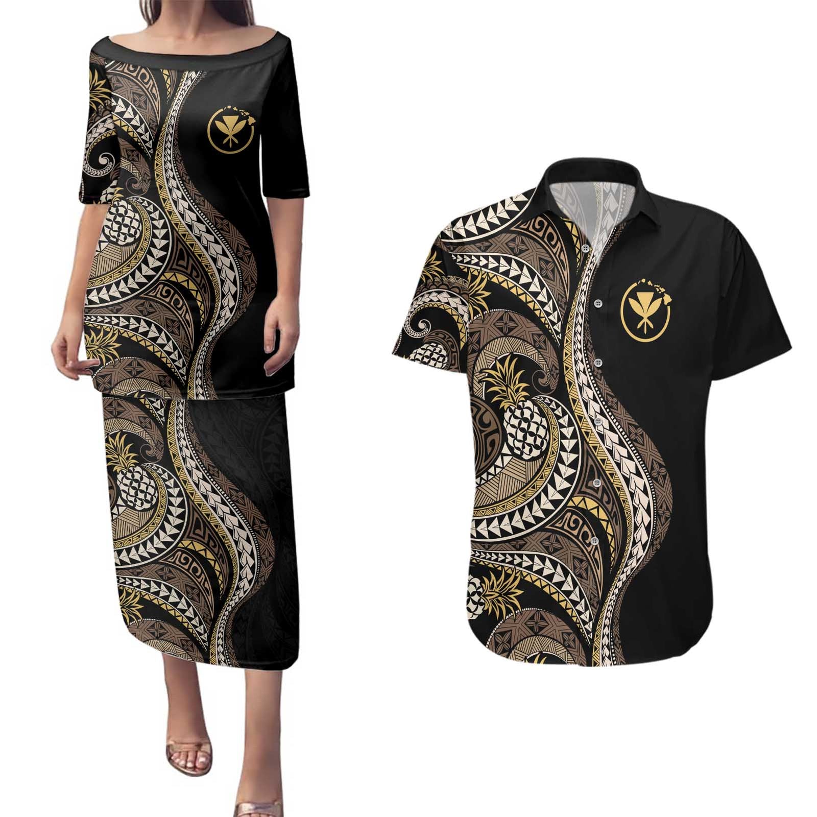 Hawaii Pineapple Brown Tribal Pattern Couples Matching Puletasi and Hawaiian Shirt LT01 Brown - Polynesian Pride