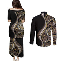 Hawaii Pineapple Brown Tribal Pattern Couples Matching Puletasi and Long Sleeve Button Shirt - Polynesian Pride