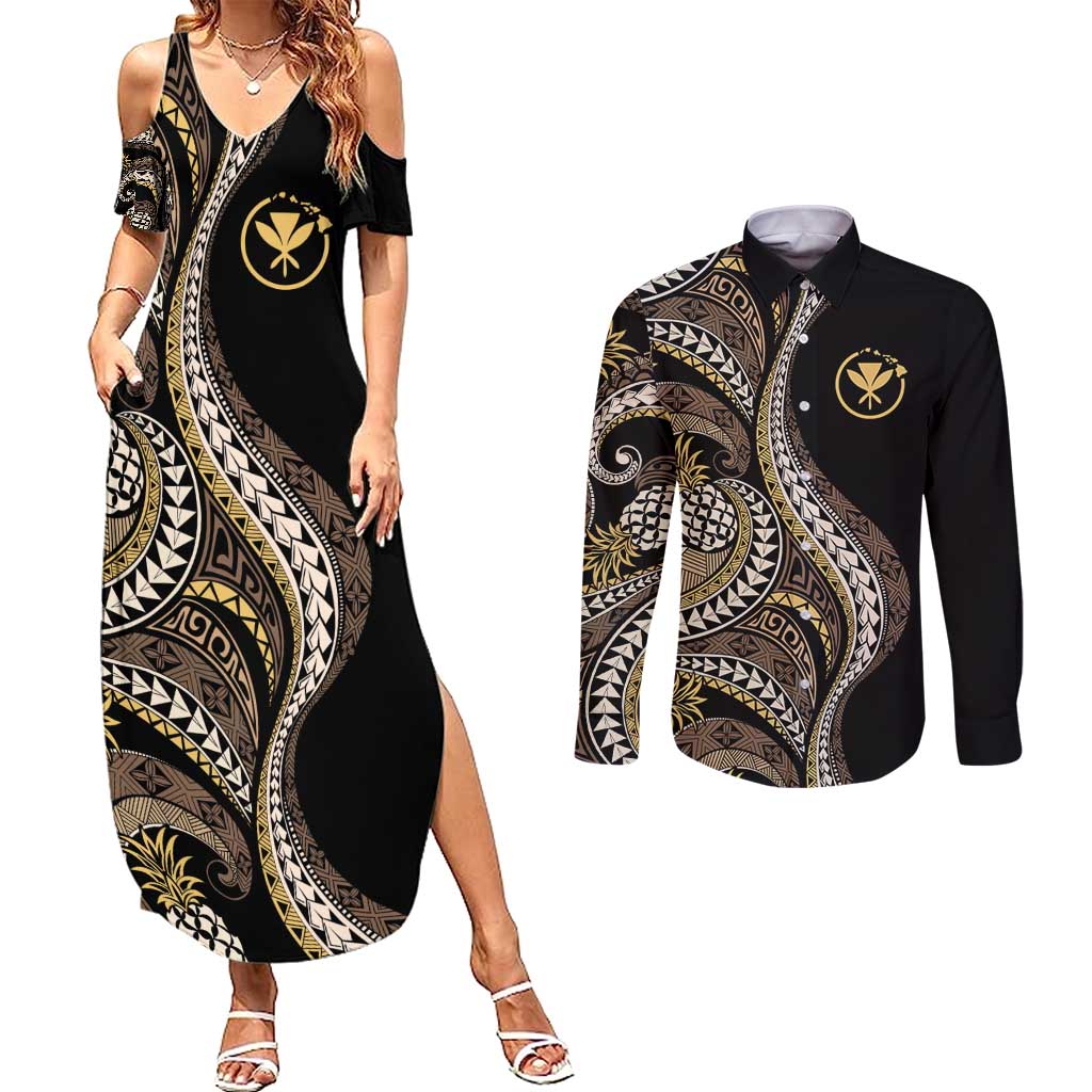 Hawaii Pineapple Brown Tribal Pattern Couples Matching Summer Maxi Dress and Long Sleeve Button Shirt - Polynesian Pride