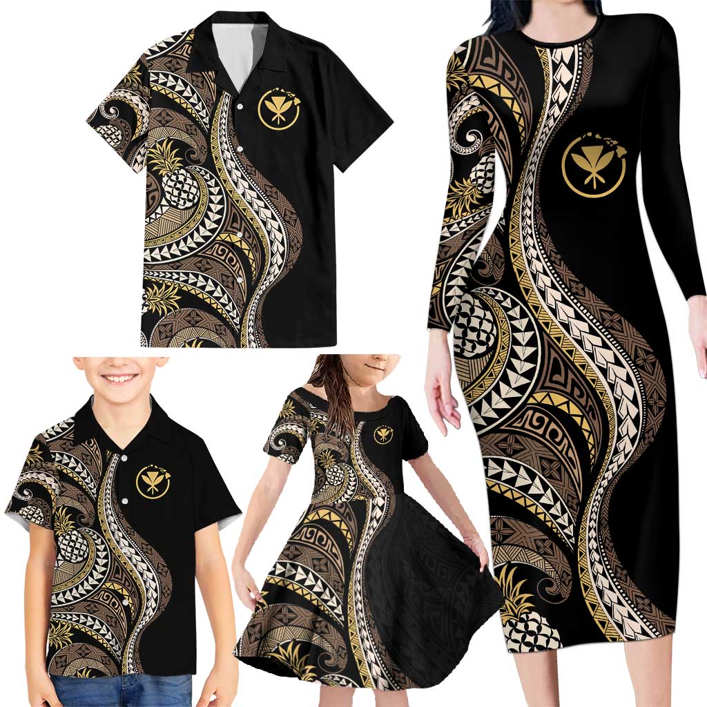 Hawaii Pineapple Brown Tribal Pattern Family Matching Long Sleeve Bodycon Dress and Hawaiian Shirt LT01 - Polynesian Pride