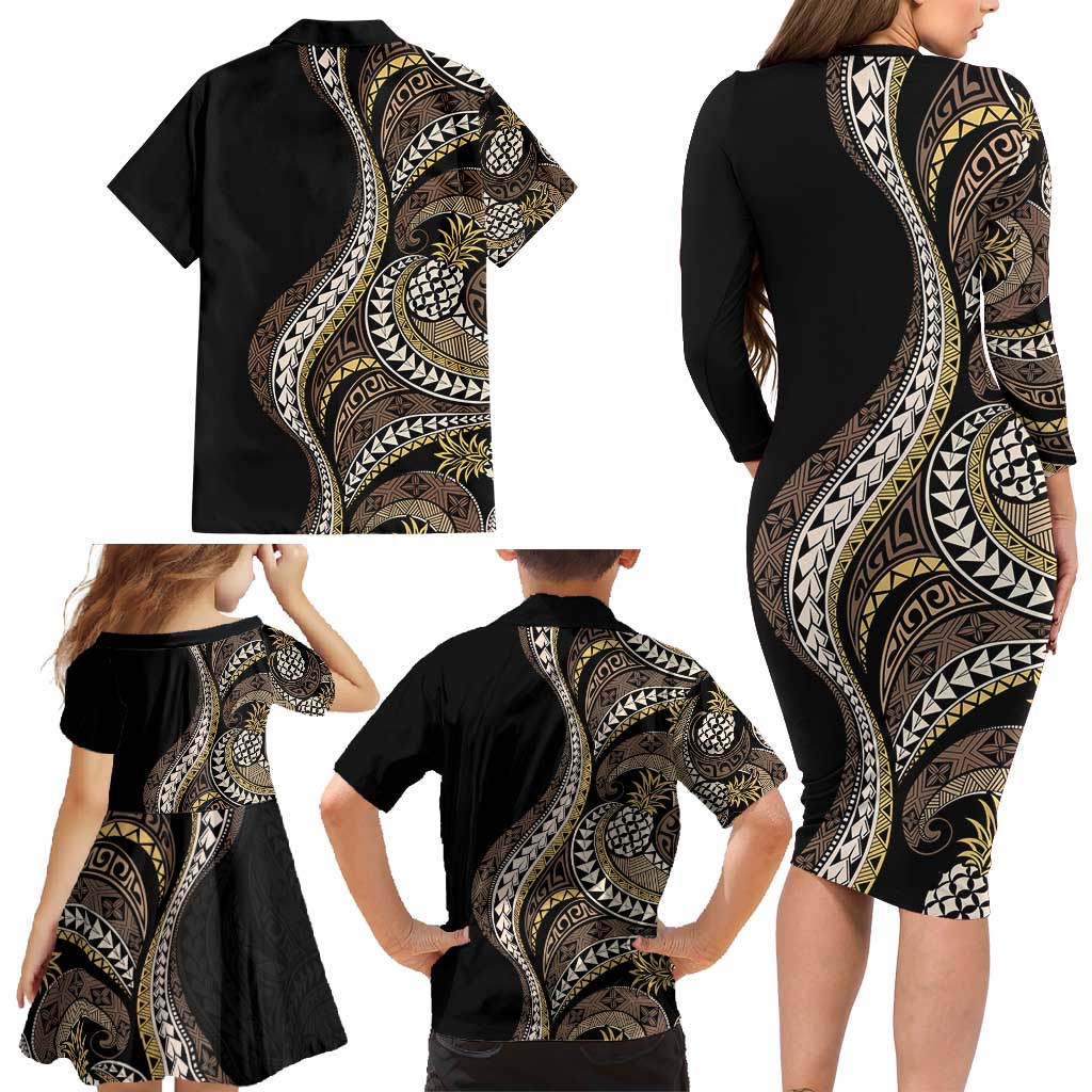 Hawaii Pineapple Brown Tribal Pattern Family Matching Long Sleeve Bodycon Dress and Hawaiian Shirt LT01 - Polynesian Pride