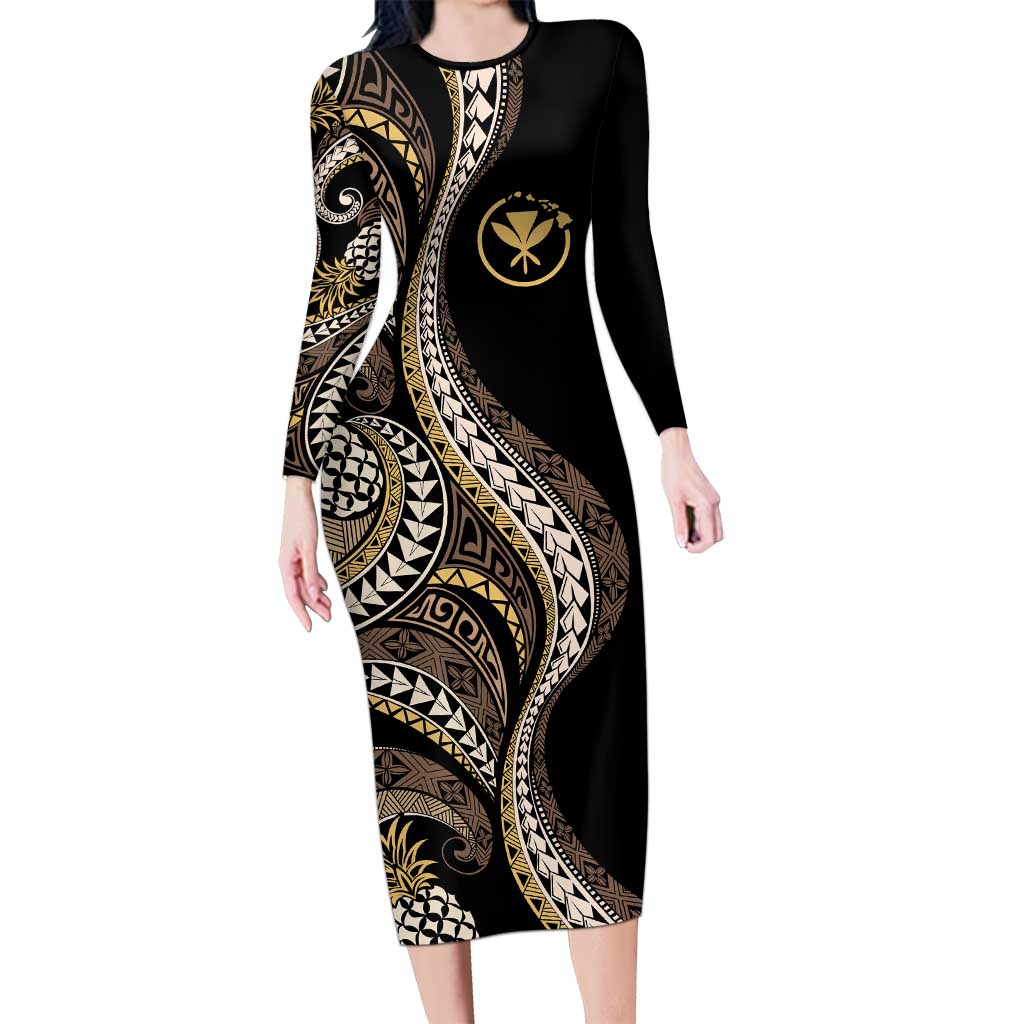 Hawaii Pineapple Brown Tribal Pattern Family Matching Long Sleeve Bodycon Dress and Hawaiian Shirt LT01 Mom's Dress Brown - Polynesian Pride