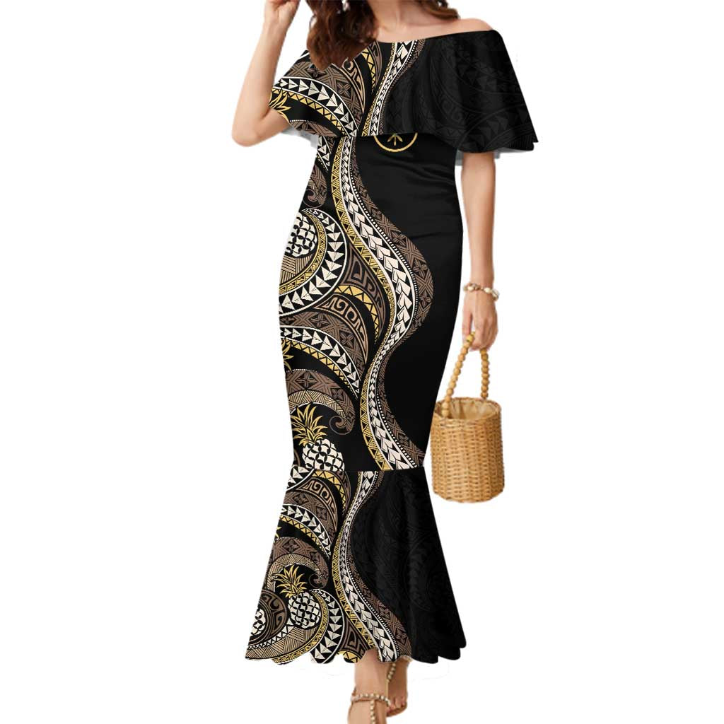 Hawaii Pineapple Brown Tribal Pattern Family Matching Mermaid Dress and Hawaiian Shirt LT01 Mom's Dress Brown - Polynesian Pride
