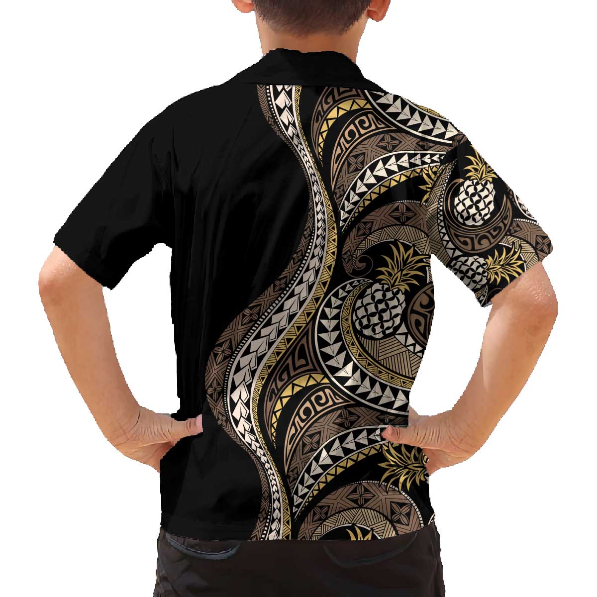 Hawaii Pineapple Brown Tribal Pattern Family Matching Off The Shoulder Long Sleeve Dress and Hawaiian Shirt LT01 - Polynesian Pride