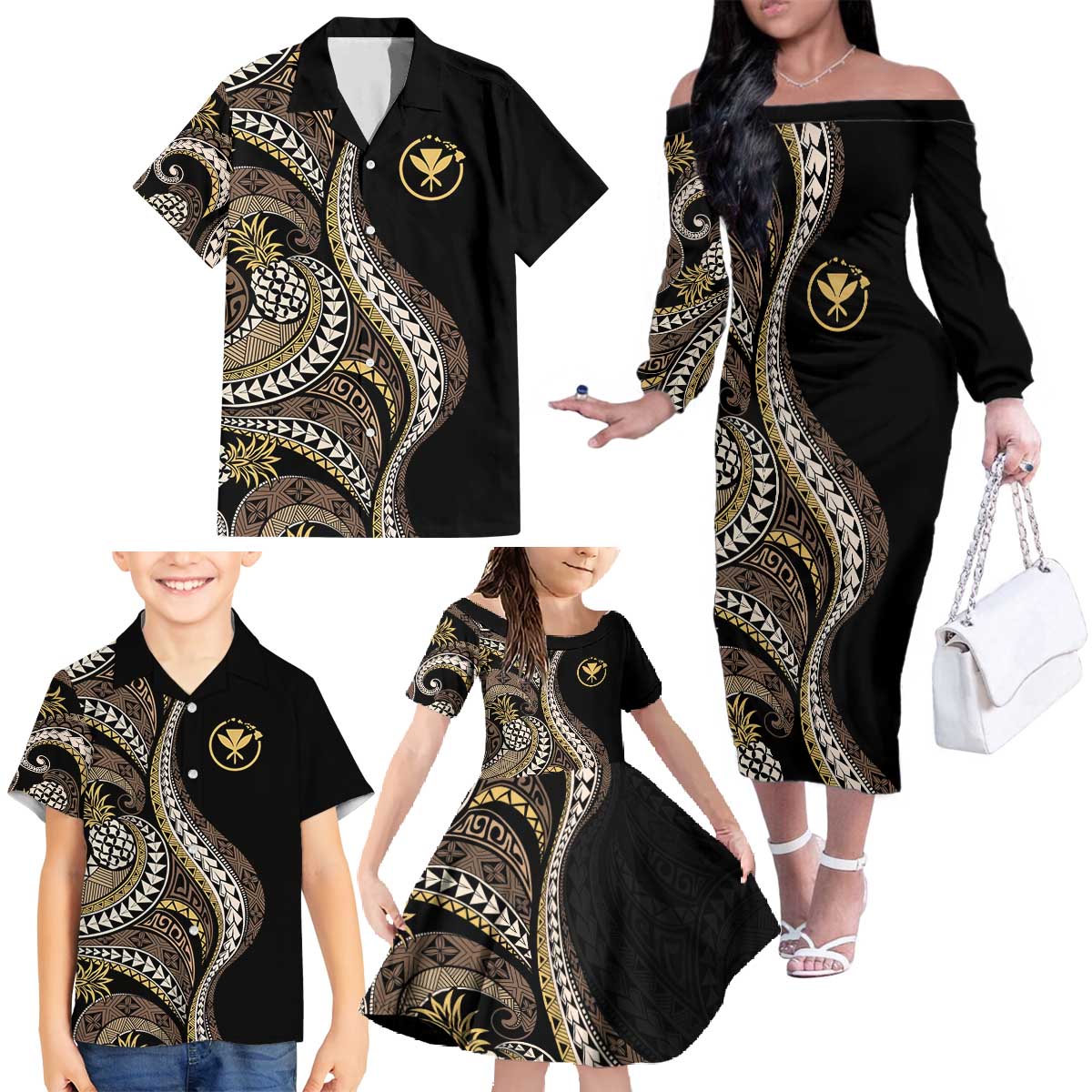 Hawaii Pineapple Brown Tribal Pattern Family Matching Off The Shoulder Long Sleeve Dress and Hawaiian Shirt LT01 - Polynesian Pride