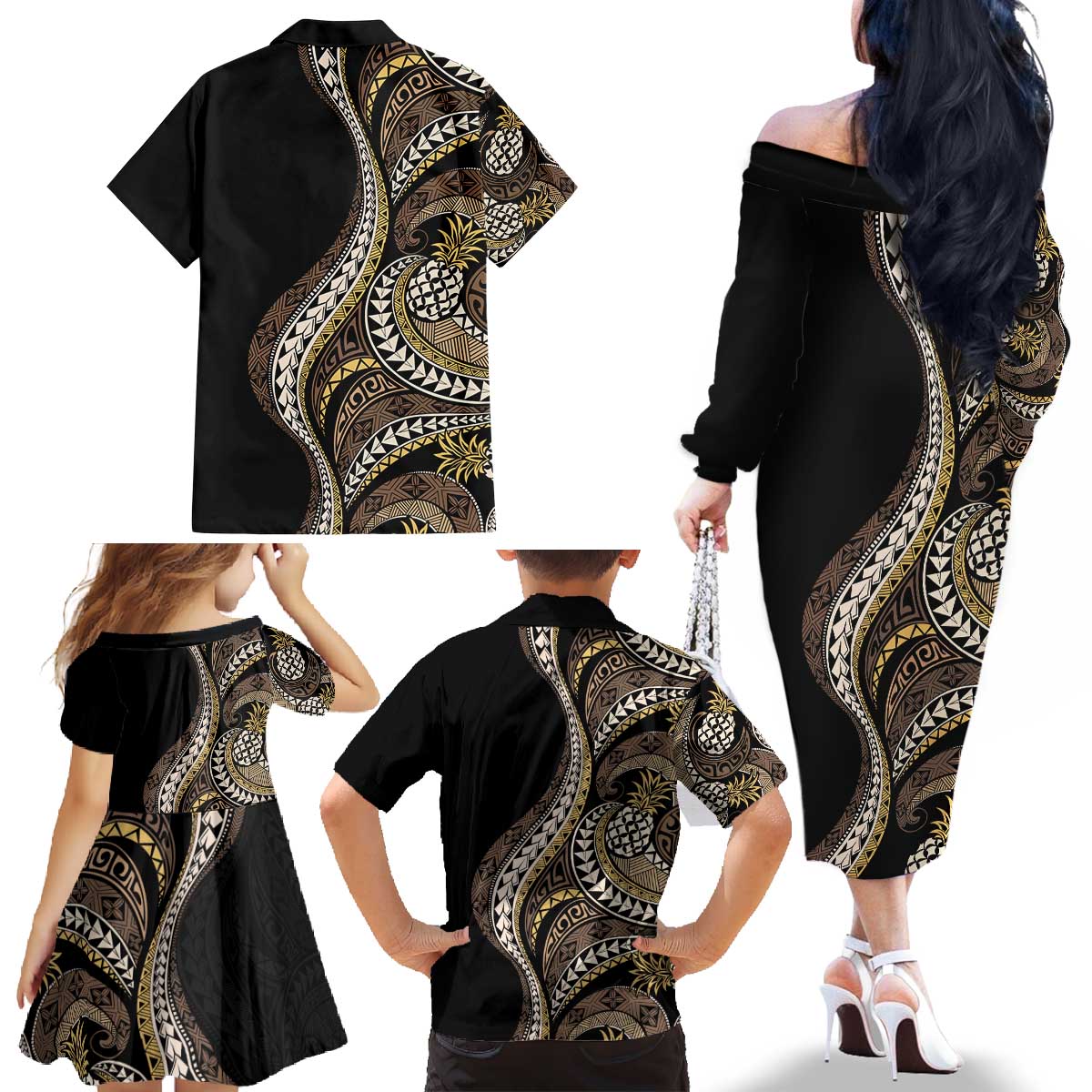Hawaii Pineapple Brown Tribal Pattern Family Matching Off The Shoulder Long Sleeve Dress and Hawaiian Shirt LT01 - Polynesian Pride