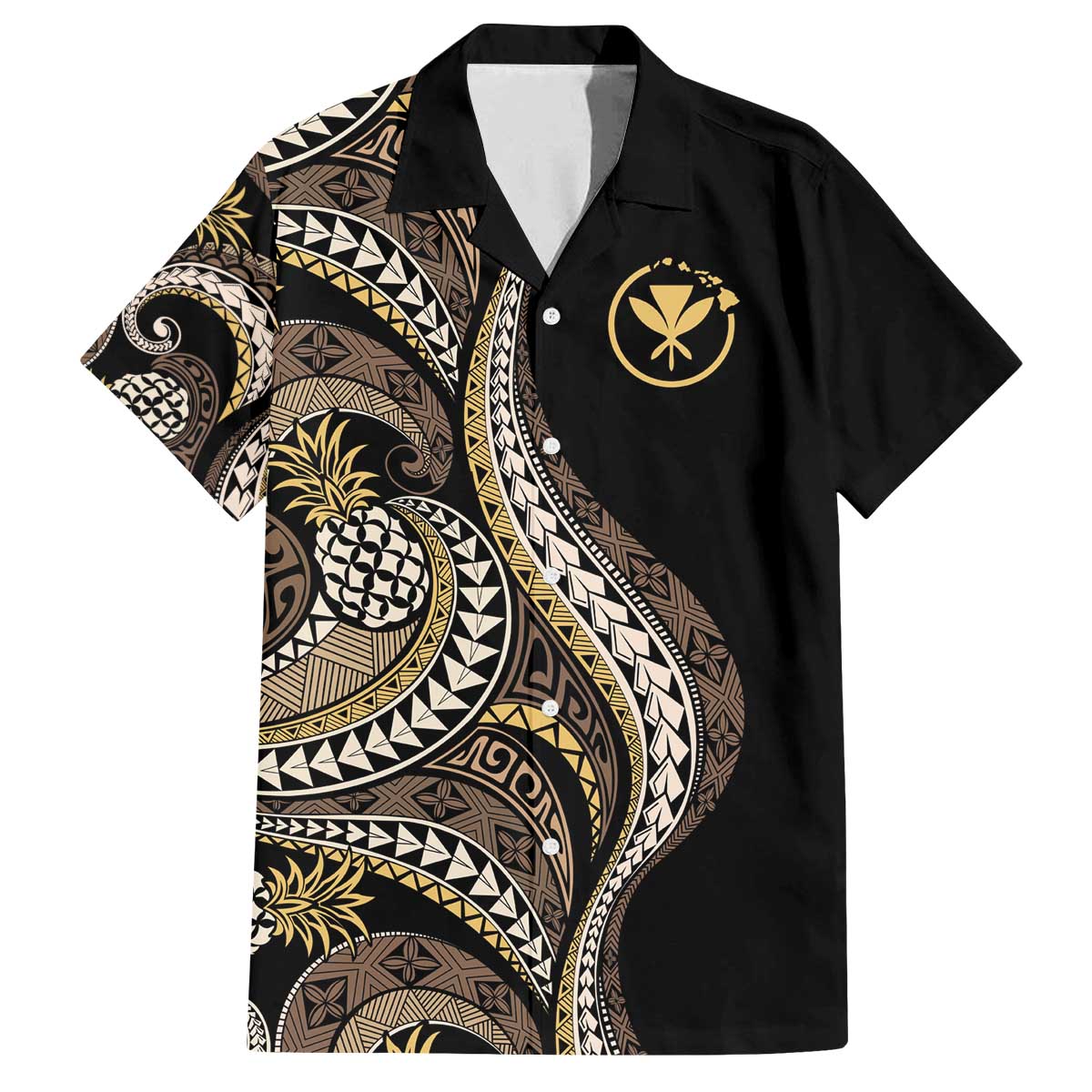 Hawaii Pineapple Brown Tribal Pattern Family Matching Off The Shoulder Long Sleeve Dress and Hawaiian Shirt LT01 Dad's Shirt - Short Sleeve Brown - Polynesian Pride