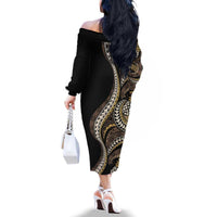 Hawaii Pineapple Brown Tribal Pattern Family Matching Off The Shoulder Long Sleeve Dress and Hawaiian Shirt LT01 - Polynesian Pride