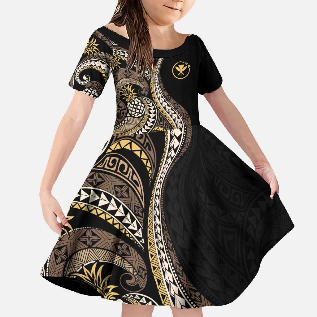 Hawaii Pineapple Brown Tribal Pattern Family Matching Short Sleeve Bodycon Dress and Hawaiian Shirt LT01 Daughter's Dress Brown - Polynesian Pride