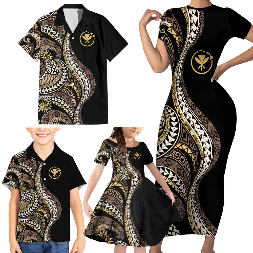 Hawaii Pineapple Brown Tribal Pattern Family Matching Short Sleeve Bodycon Dress and Hawaiian Shirt LT01 - Polynesian Pride
