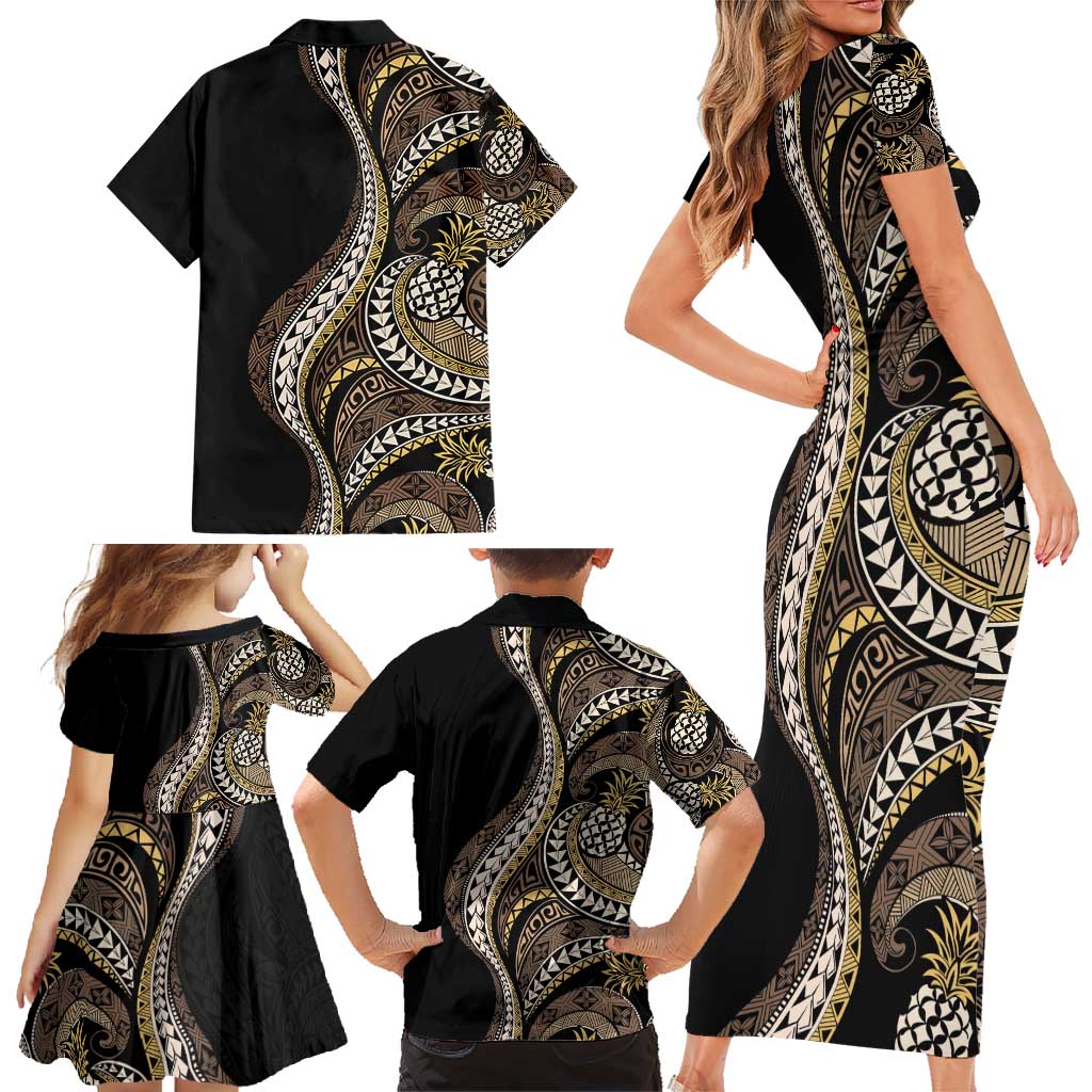 Hawaii Pineapple Brown Tribal Pattern Family Matching Short Sleeve Bodycon Dress and Hawaiian Shirt LT01 - Polynesian Pride