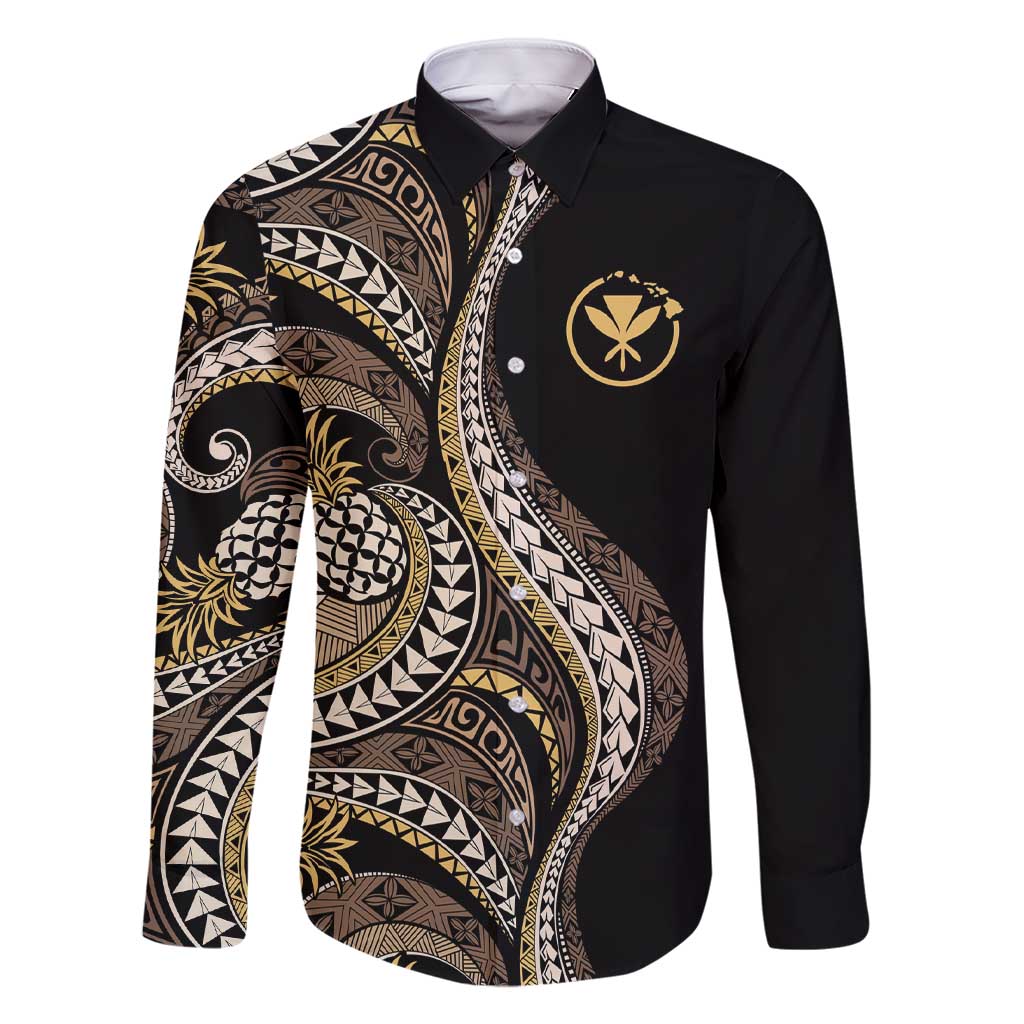 Hawaii Pineapple Brown Tribal Pattern Family Matching Short Sleeve Bodycon Dress and Hawaiian Shirt LT01 Dad's Shirt - Long Sleeve Brown - Polynesian Pride
