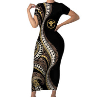 Hawaii Pineapple Brown Tribal Pattern Family Matching Short Sleeve Bodycon Dress and Hawaiian Shirt LT01 Mom's Dress Brown - Polynesian Pride