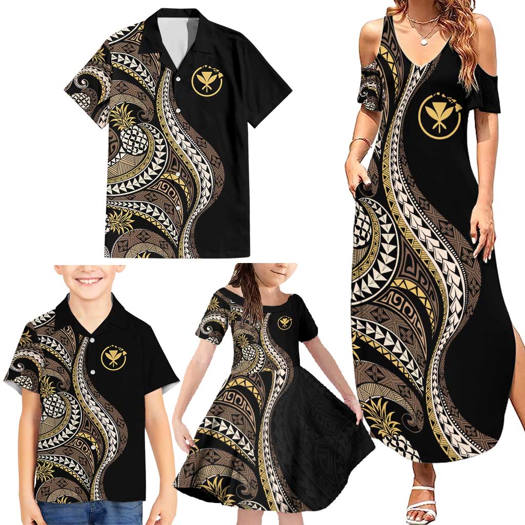 Hawaii Pineapple Brown Tribal Pattern Family Matching Summer Maxi Dress and Hawaiian Shirt - Polynesian Pride