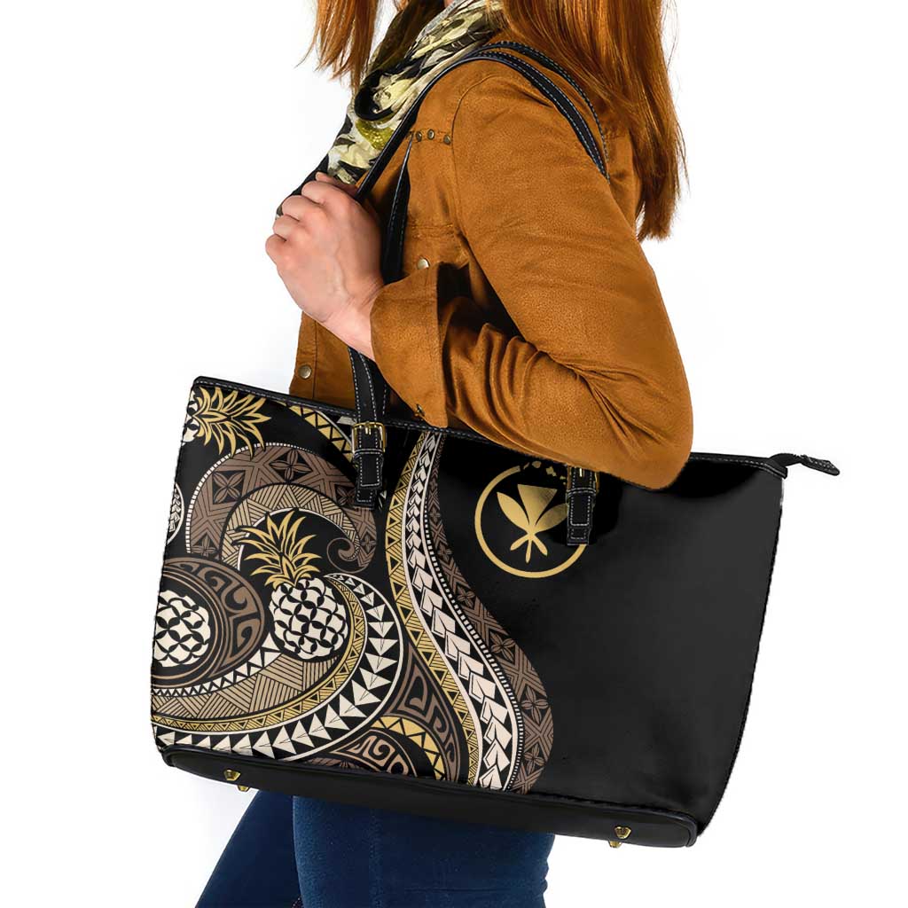 Hawaii Pineapple Brown Tribal Pattern Leather Tote Bag - Polynesian Pride
