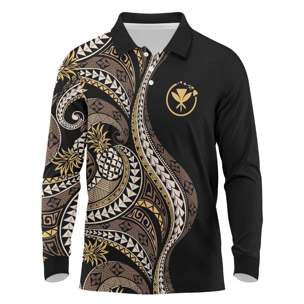 Hawaii Pineapple Brown Tribal Pattern Long Sleeve Polo Shirt LT01 Brown - Polynesian Pride