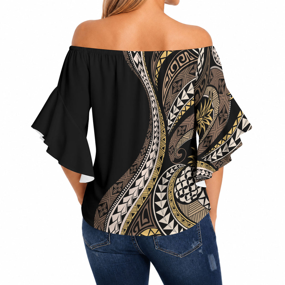 Hawaii Pineapple Brown Tribal Pattern Off Shoulder Wrap Waist Top LT01 - Polynesian Pride