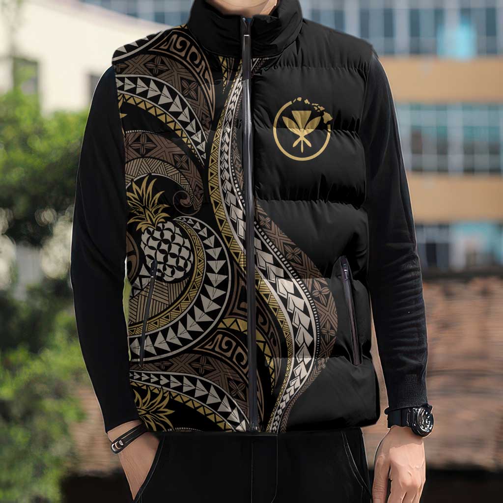 Hawaii Pineapple Brown Tribal Pattern Sleeveless Puffer Jacket - Polynesian Pride