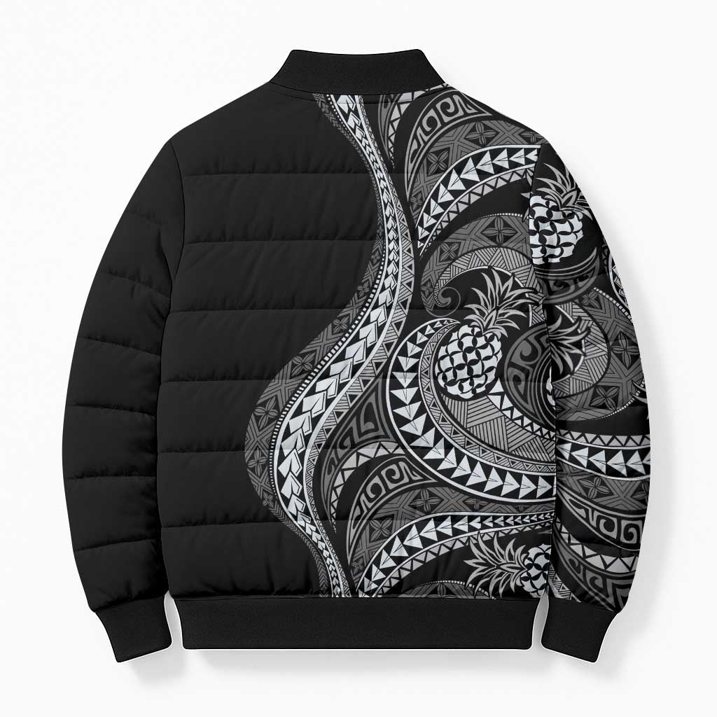 Hawaii Pineapple Gray Scale Tribal Pattern Bomber Puffer Jacket - Polynesian Pride