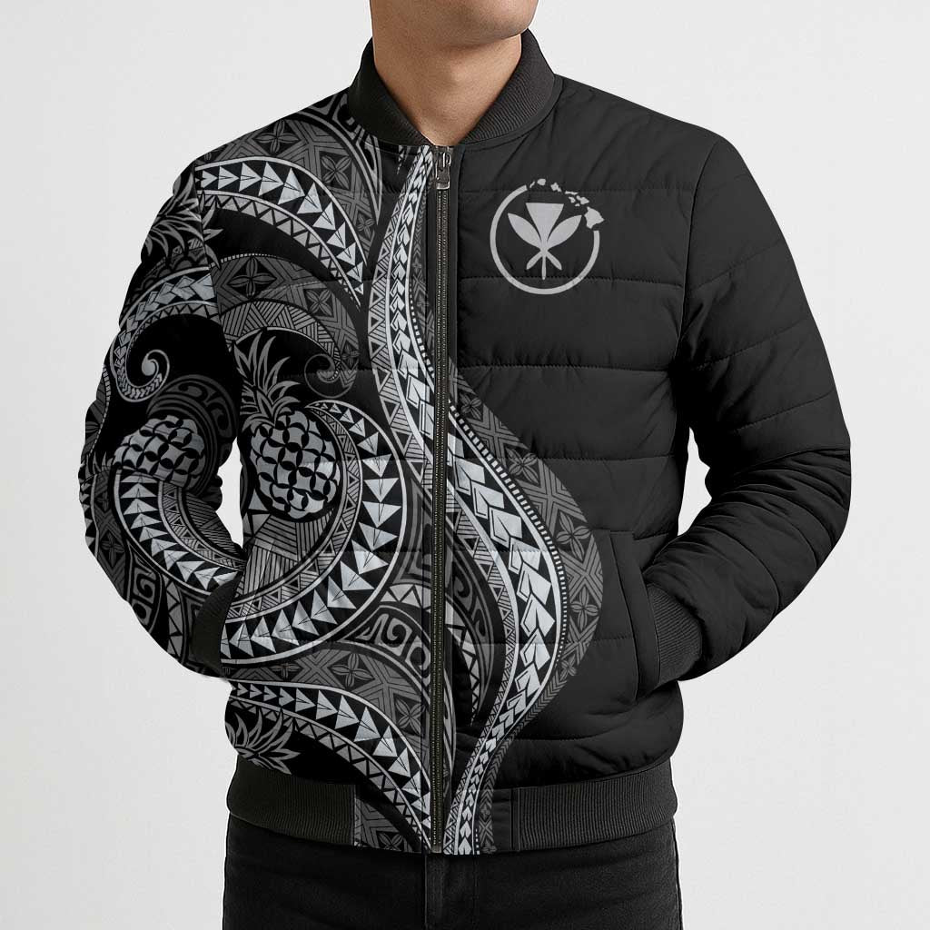 Hawaii Pineapple Gray Scale Tribal Pattern Bomber Puffer Jacket - Polynesian Pride