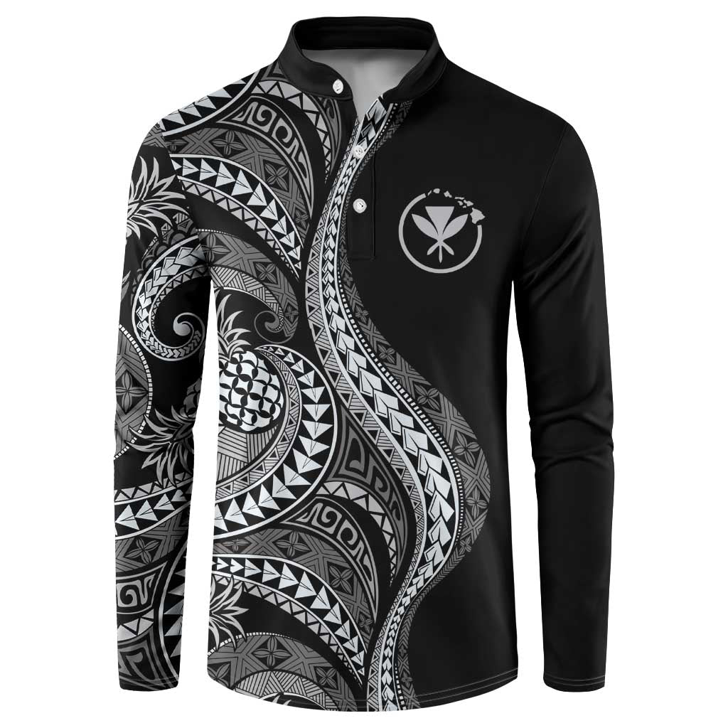 Hawaii Pineapple Gray Scale Tribal Pattern Button Sweatshirt - Polynesian Pride