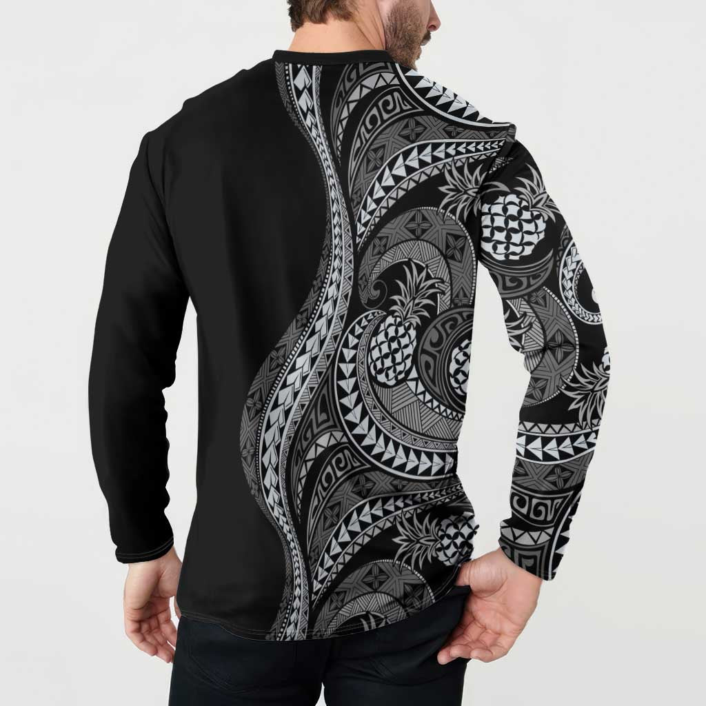 Hawaii Pineapple Gray Scale Tribal Pattern Button Sweatshirt - Polynesian Pride