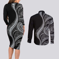 Hawaii Pineapple Gray Scale Tribal Pattern Couples Matching Long Sleeve Bodycon Dress and Long Sleeve Button Shirt - Polynesian Pride