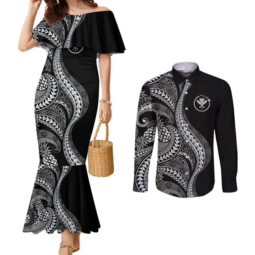 Hawaii Pineapple Gray Scale Tribal Pattern Couples Matching Mermaid Dress and Long Sleeve Button Shirt - Polynesian Pride