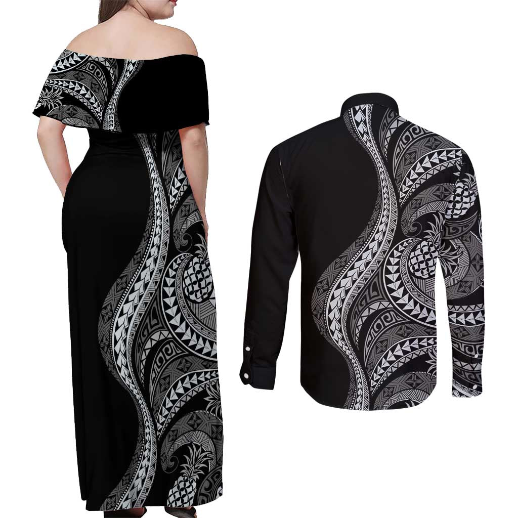 Hawaii Pineapple Gray Scale Tribal Pattern Couples Matching Off Shoulder Maxi Dress and Long Sleeve Button Shirt - Polynesian Pride