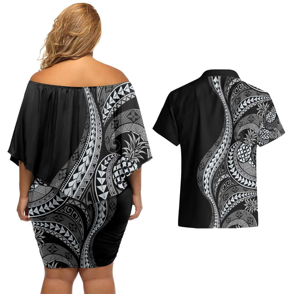 Hawaii Pineapple Gray Scale Tribal Pattern Couples Matching Off Shoulder Short Dress and Hawaiian Shirt - Polynesian Pride