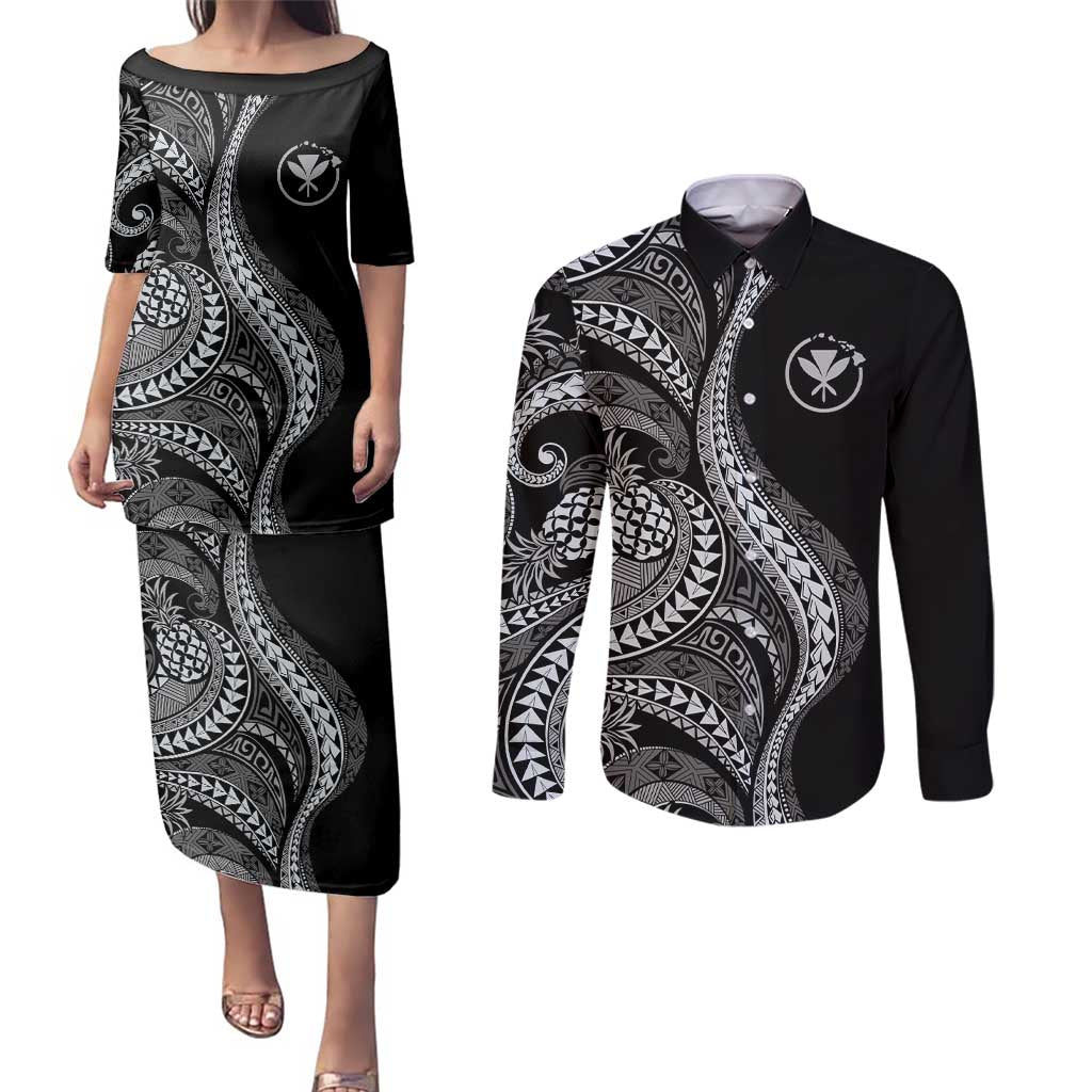 Hawaii Pineapple Gray Scale Tribal Pattern Couples Matching Puletasi and Long Sleeve Button Shirt LT01 Black - Polynesian Pride