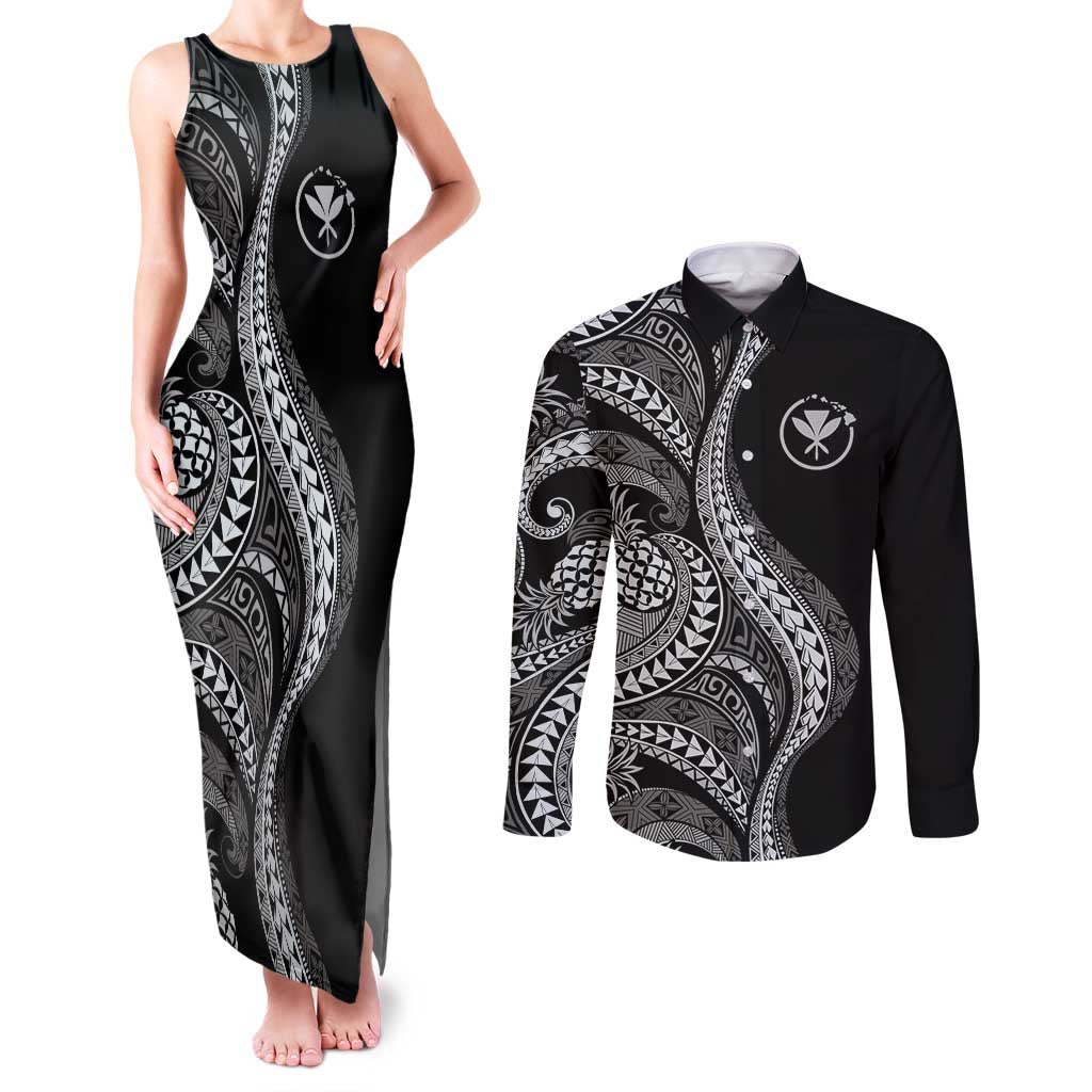 Hawaii Pineapple Gray Scale Tribal Pattern Couples Matching Tank Maxi Dress and Long Sleeve Button Shirt - Polynesian Pride