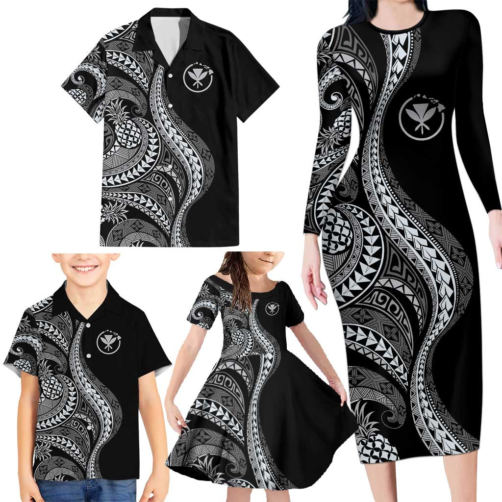 Hawaii Pineapple Gray Scale Tribal Pattern Family Matching Long Sleeve Bodycon Dress and Hawaiian Shirt LT01 - Polynesian Pride