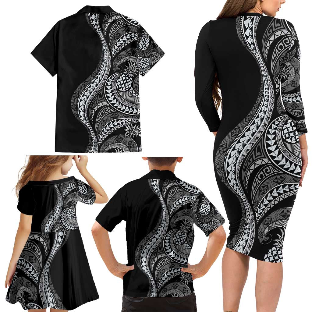 Hawaii Pineapple Gray Scale Tribal Pattern Family Matching Long Sleeve Bodycon Dress and Hawaiian Shirt LT01 - Polynesian Pride