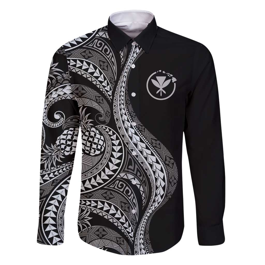 Hawaii Pineapple Gray Scale Tribal Pattern Family Matching Long Sleeve Bodycon Dress and Hawaiian Shirt LT01 Dad's Shirt - Long Sleeve Black - Polynesian Pride