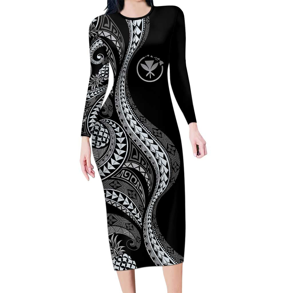 Hawaii Pineapple Gray Scale Tribal Pattern Family Matching Long Sleeve Bodycon Dress and Hawaiian Shirt LT01 Mom's Dress Black - Polynesian Pride