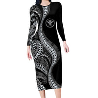 Hawaii Pineapple Gray Scale Tribal Pattern Family Matching Long Sleeve Bodycon Dress and Hawaiian Shirt LT01 Mom's Dress Black - Polynesian Pride