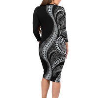 Hawaii Pineapple Gray Scale Tribal Pattern Family Matching Long Sleeve Bodycon Dress and Hawaiian Shirt LT01 - Polynesian Pride