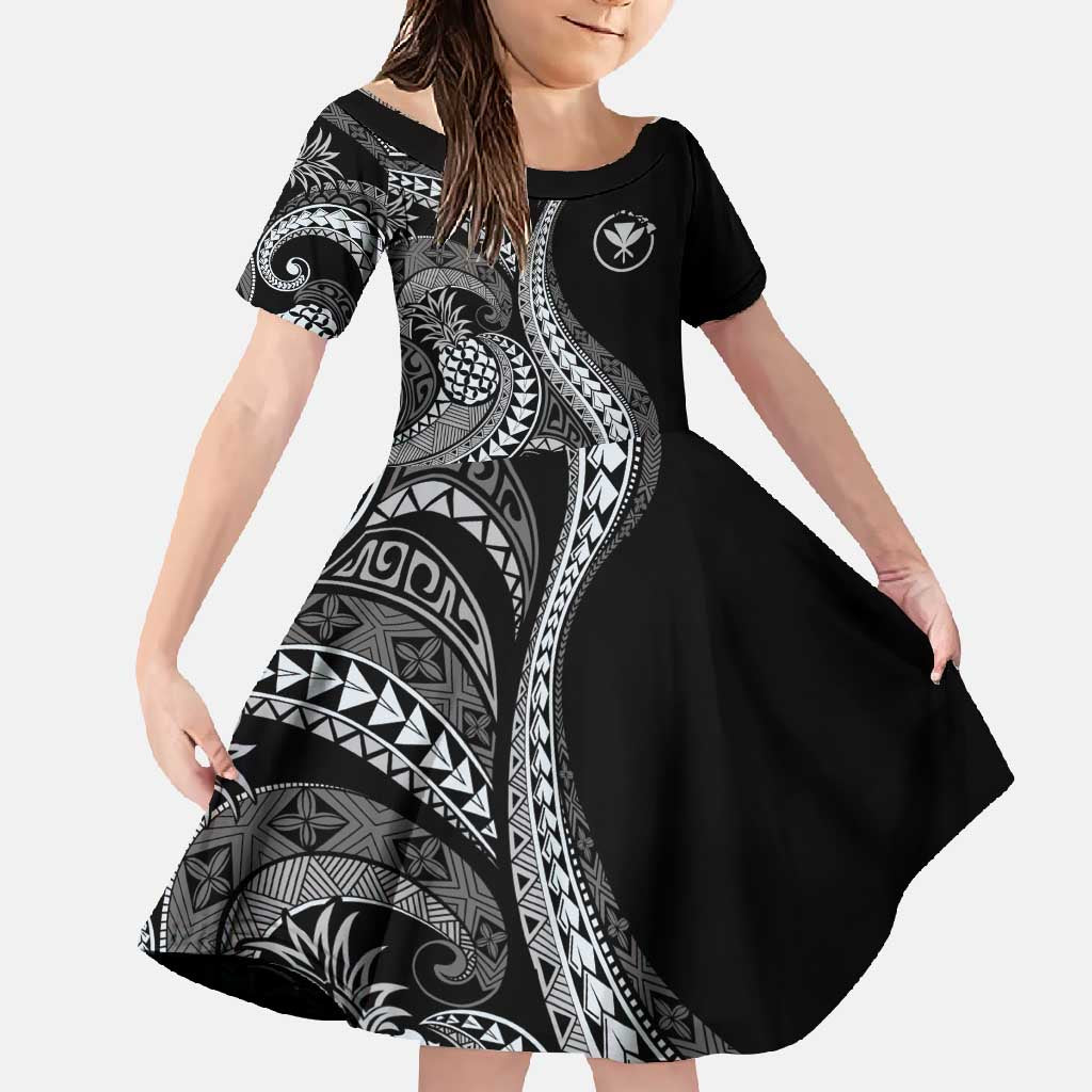 Hawaii Pineapple Gray Scale Tribal Pattern Family Matching Mermaid Dress and Hawaiian Shirt LT01 Daughter's Dress Black - Polynesian Pride