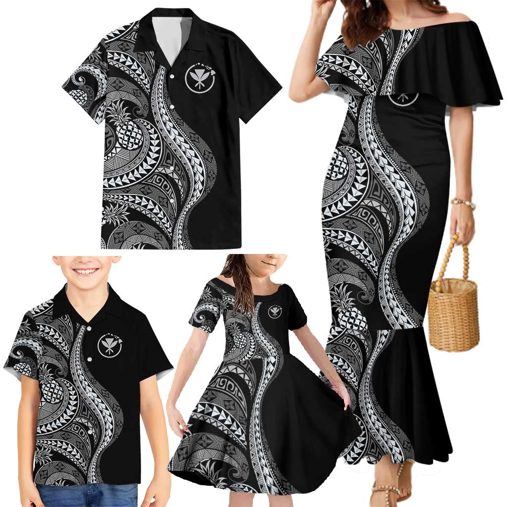 Hawaii Pineapple Gray Scale Tribal Pattern Family Matching Mermaid Dress and Hawaiian Shirt LT01 - Polynesian Pride