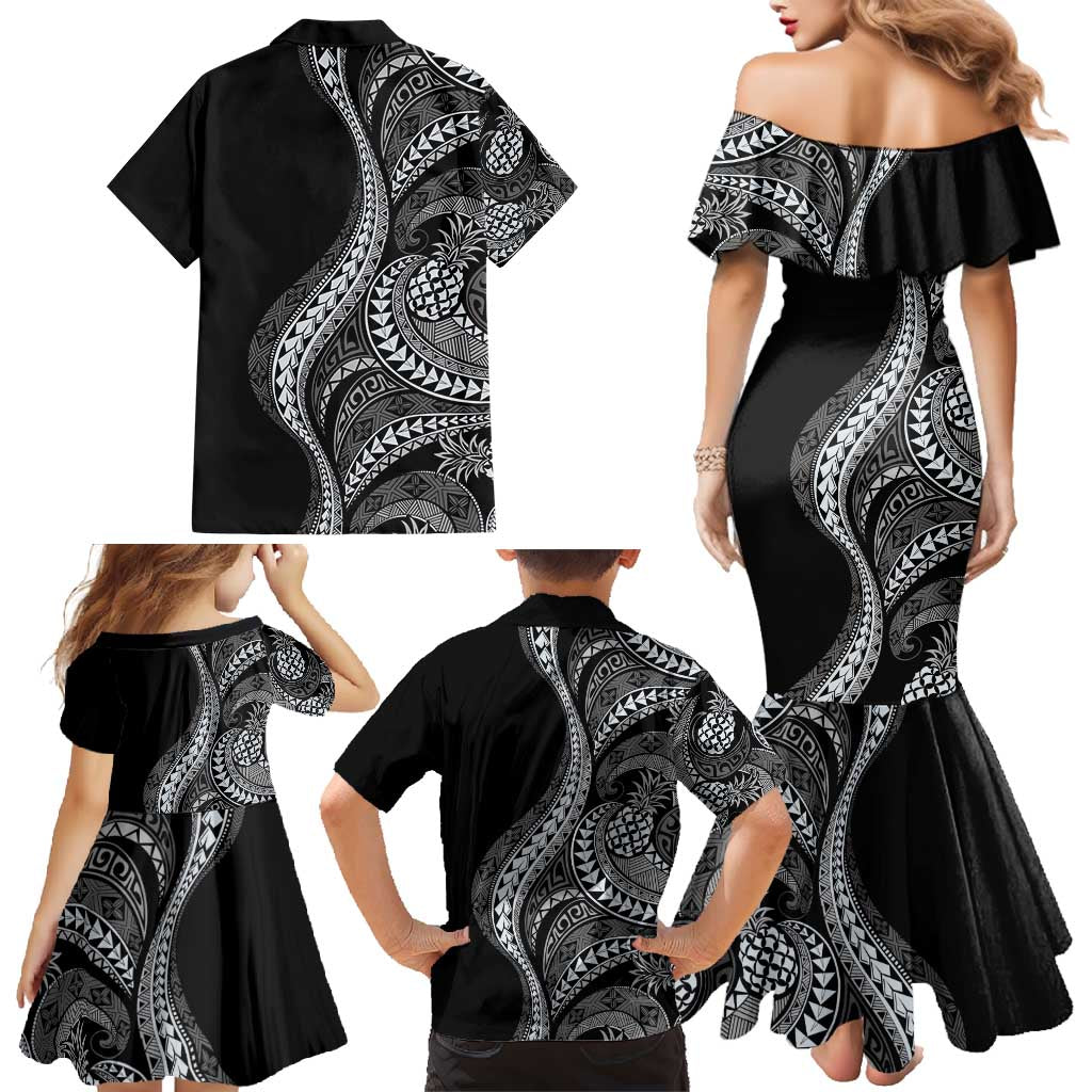 Hawaii Pineapple Gray Scale Tribal Pattern Family Matching Mermaid Dress and Hawaiian Shirt LT01 - Polynesian Pride