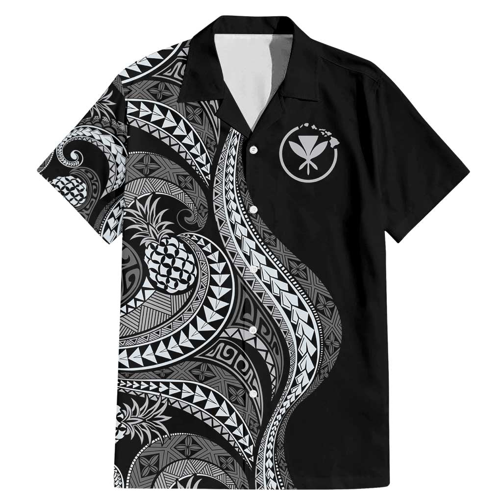 Hawaii Pineapple Gray Scale Tribal Pattern Family Matching Mermaid Dress and Hawaiian Shirt LT01 Dad's Shirt - Short Sleeve Black - Polynesian Pride