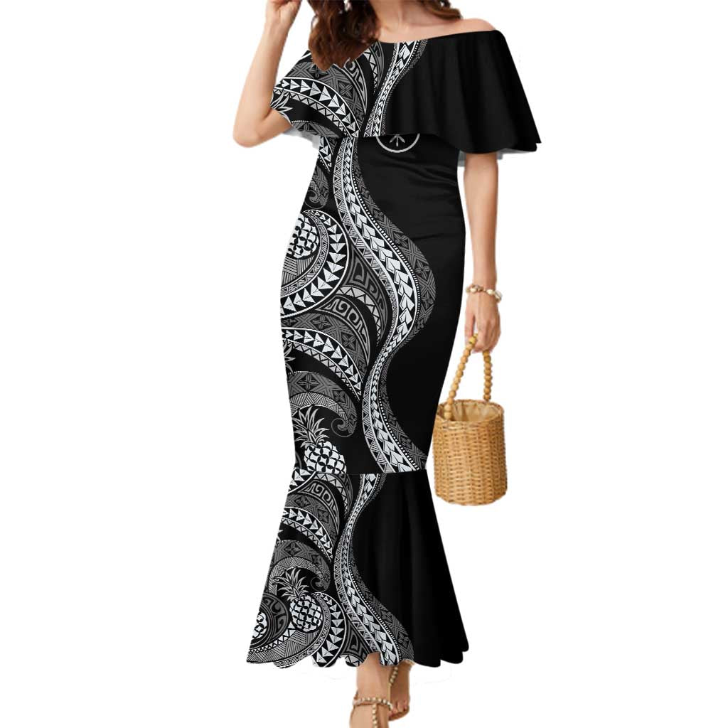 Hawaii Pineapple Gray Scale Tribal Pattern Family Matching Mermaid Dress and Hawaiian Shirt LT01 Mom's Dress Black - Polynesian Pride