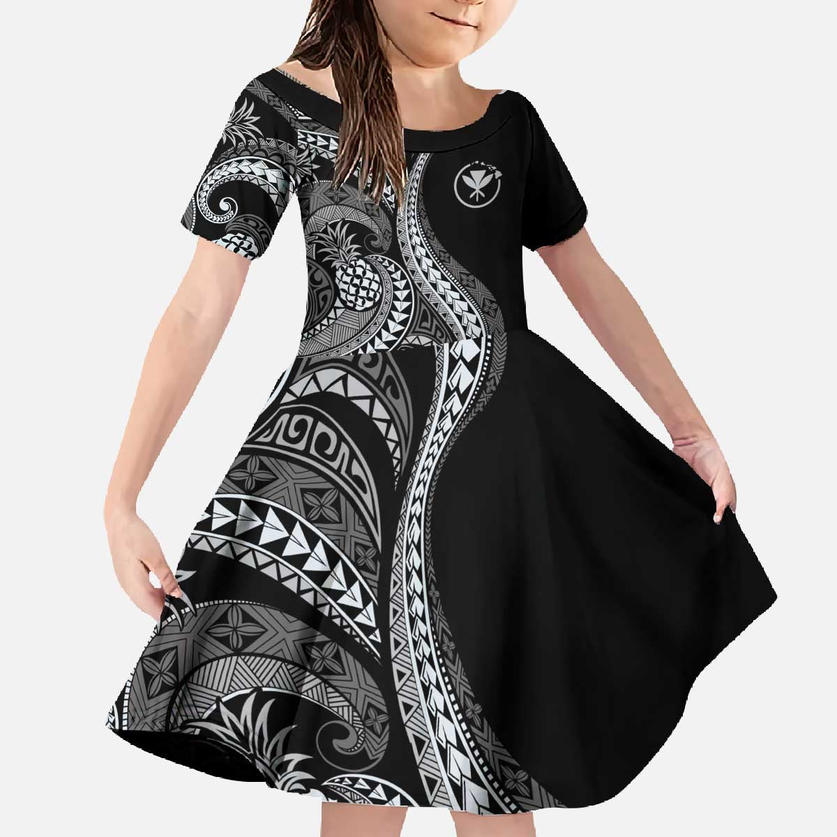 Hawaii Pineapple Gray Scale Tribal Pattern Family Matching Off The Shoulder Long Sleeve Dress and Hawaiian Shirt LT01 Daughter's Dress Black - Polynesian Pride