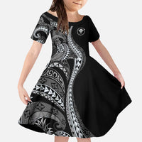 Hawaii Pineapple Gray Scale Tribal Pattern Family Matching Off The Shoulder Long Sleeve Dress and Hawaiian Shirt LT01 Daughter's Dress Black - Polynesian Pride
