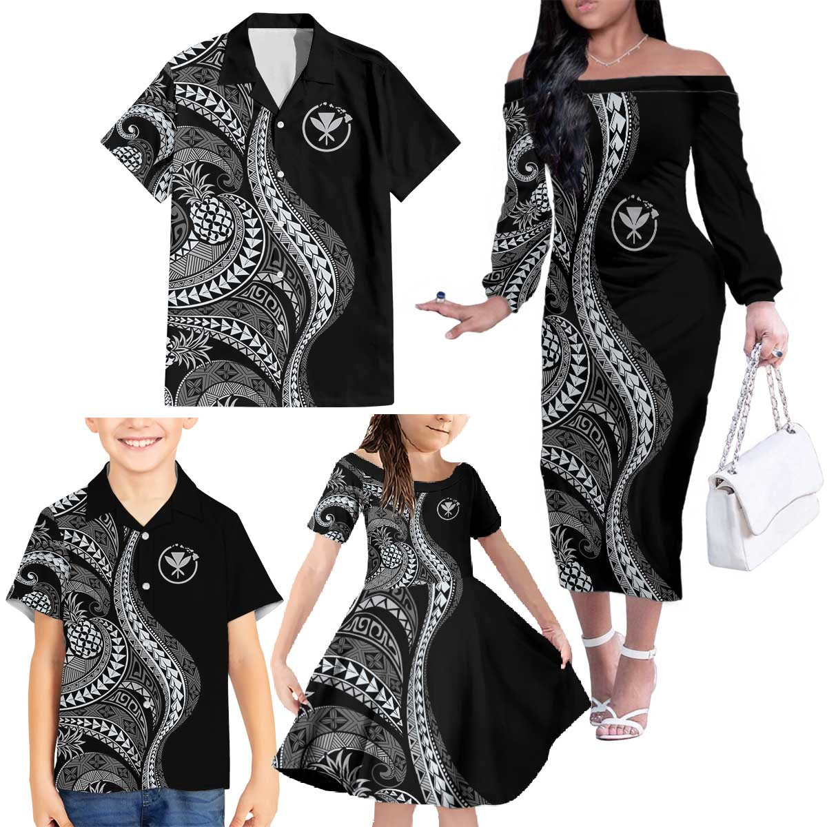 Hawaii Pineapple Gray Scale Tribal Pattern Family Matching Off The Shoulder Long Sleeve Dress and Hawaiian Shirt LT01 - Polynesian Pride