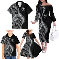 Hawaii Pineapple Gray Scale Tribal Pattern Family Matching Off The Shoulder Long Sleeve Dress and Hawaiian Shirt LT01 - Polynesian Pride