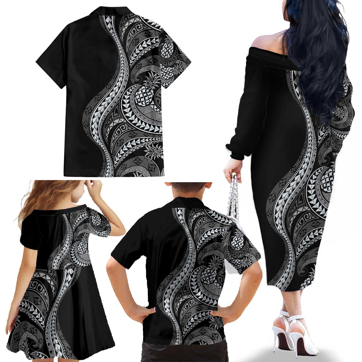 Hawaii Pineapple Gray Scale Tribal Pattern Family Matching Off The Shoulder Long Sleeve Dress and Hawaiian Shirt LT01 - Polynesian Pride