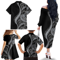 Hawaii Pineapple Gray Scale Tribal Pattern Family Matching Off The Shoulder Long Sleeve Dress and Hawaiian Shirt LT01 - Polynesian Pride